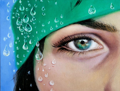 A 9x12 original oil painting titled Through the Rain by Nersel Muehlen featuring an extreme close up of a soulful eye with realistic raindrops on Mitsooz.