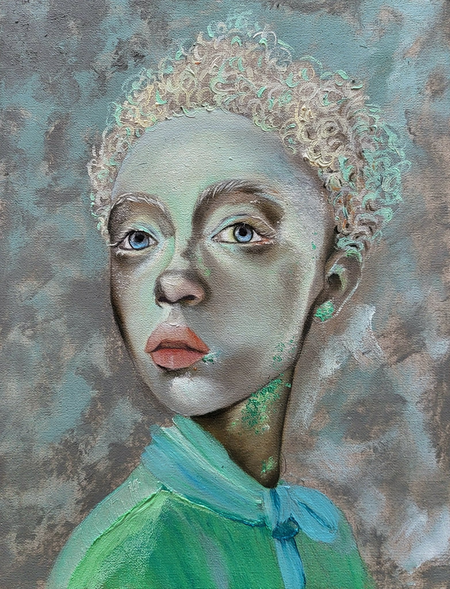 A set of two vertical original oil portraits titled Verdant Frequencies by Nersel Muehlen featuring surreal figures in seafoam green and copper tones on Mitsooz.