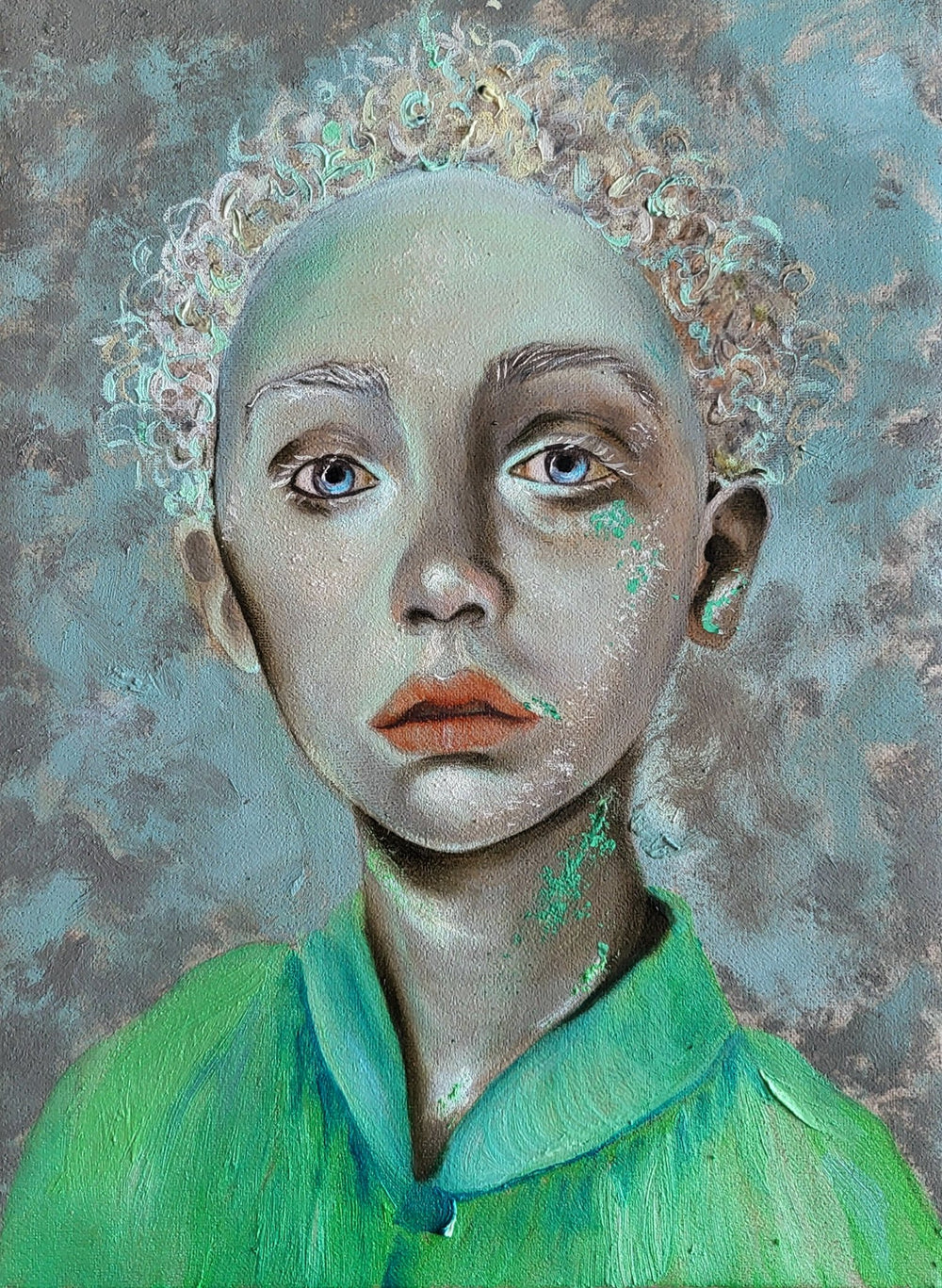 Vertical original oil portrait from the Verdant Frequencies diptych by Nersel Muehlen featuring a surreal figure with luminous skin and seafoam green textures on Mitsooz.
