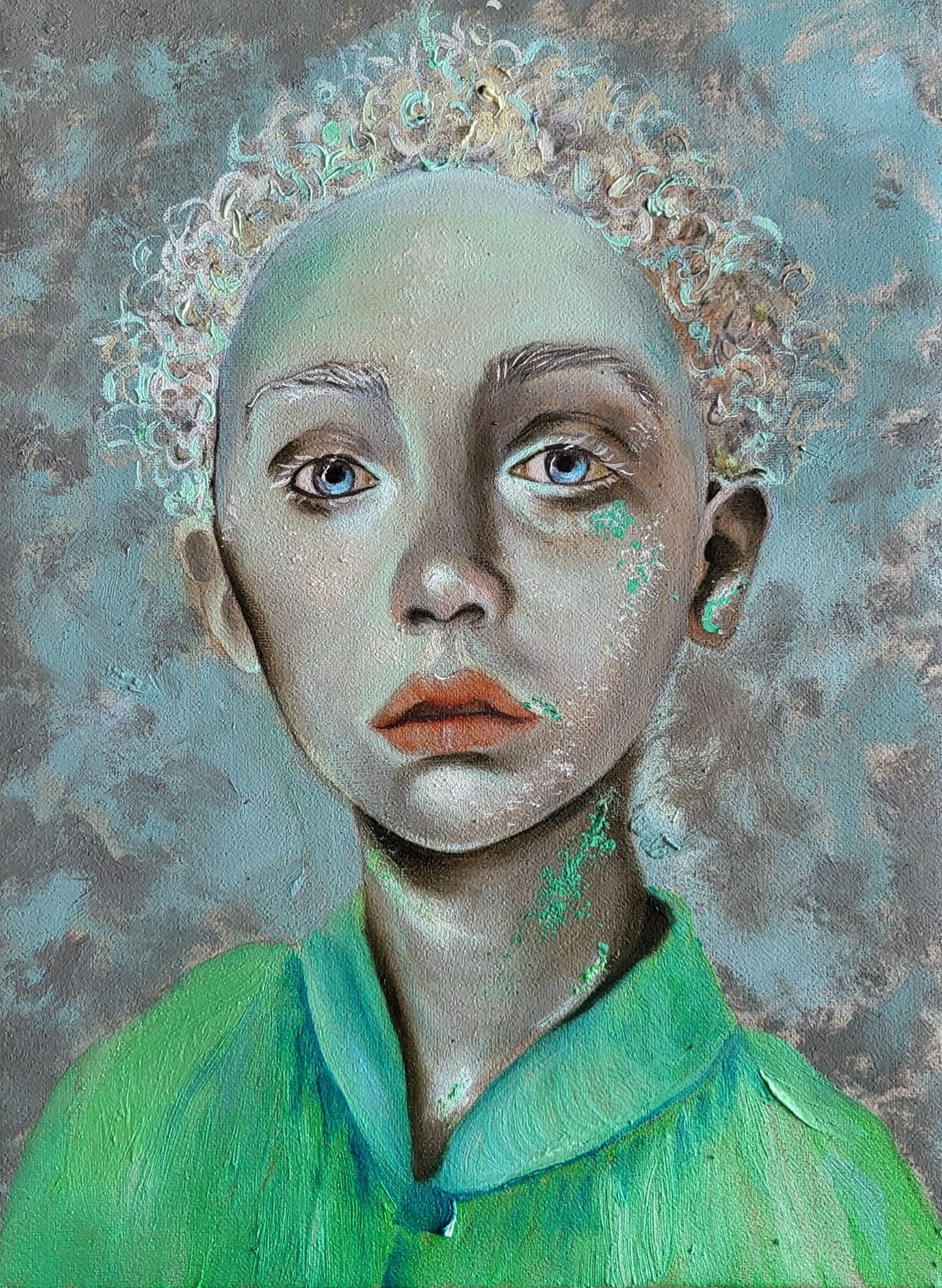 Vertical original oil portrait from the Verdant Frequencies diptych by Nersel Muehlen featuring a surreal figure with luminous skin and seafoam green textures on Mitsooz.