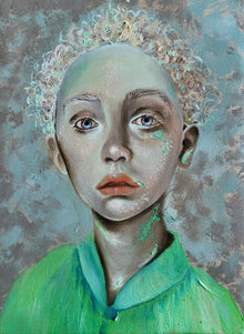Vertical original oil portrait from the Verdant Frequencies diptych by Nersel Muehlen featuring a surreal figure with luminous skin and seafoam green textures on Mitsooz.