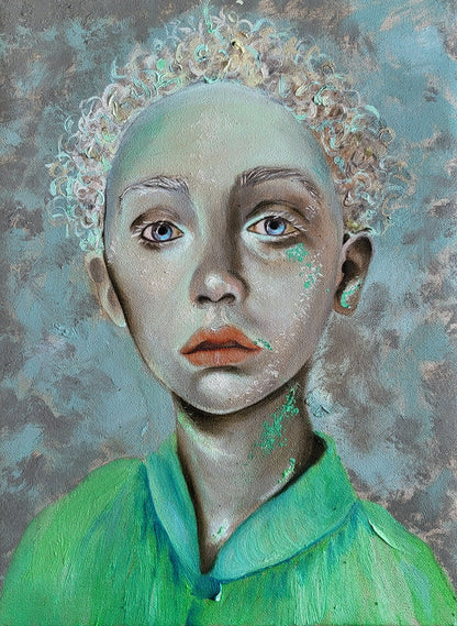 Vertical original oil portrait from the Verdant Frequencies diptych by Nersel Muehlen featuring a surreal figure with luminous skin and seafoam green textures on Mitsooz.