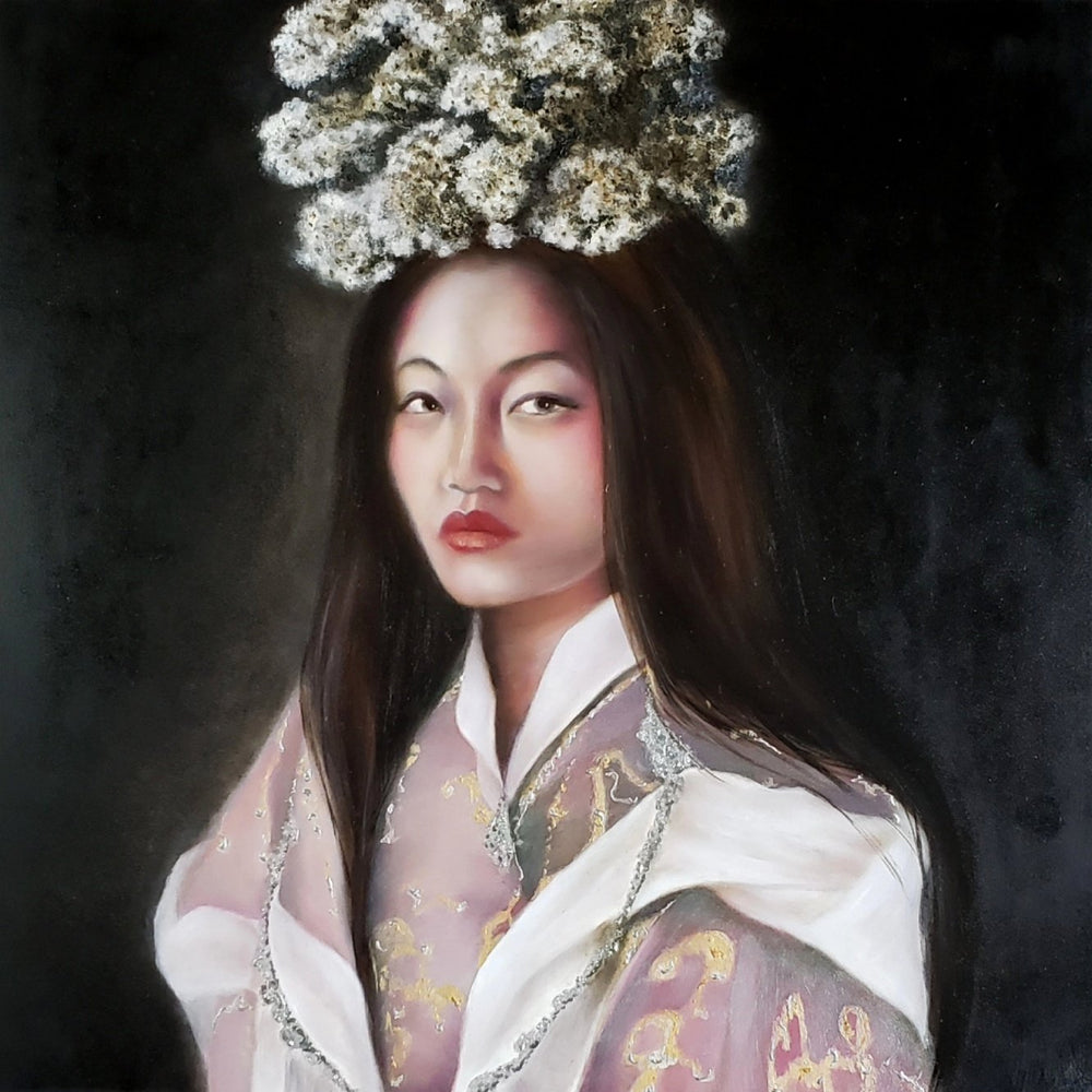 A square 24x24 original photorealistic oil portrait titled Woman from Bhutan by Nersel Muehlen featuring a woman with flowers in her hair and a shimmering silk ethnic costume on Mitsooz.
