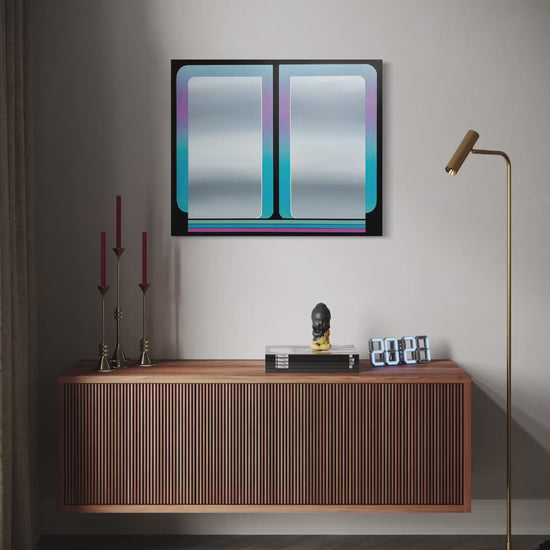 A cinematic video showcase of the original atmospheric abstract painting titled The View 5 by Kevin Cross. The footage features a slow pan across the 30x36 canvas, highlighting the luminous cyan and violet gradients, the precision of the hard-edged window portals, and the vibrant electric stripes at the base. The video captures the rhythmic architecture of light and the vibrant metropolitan glow of the finished Work on Mitsooz.