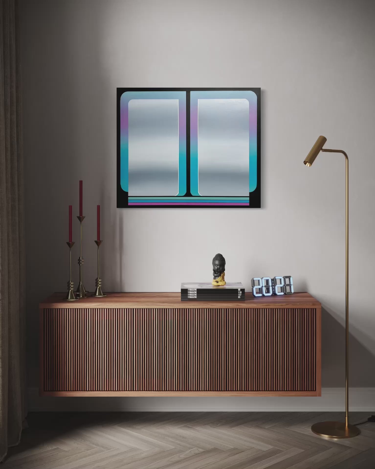 A cinematic video showcase of the original atmospheric abstract painting titled The View 5 by Kevin Cross. The footage features a slow pan across the 30x36 canvas, highlighting the luminous cyan and violet gradients, the precision of the hard-edged window portals, and the vibrant electric stripes at the base. The video captures the rhythmic architecture of light and the vibrant metropolitan glow of the finished Work on Mitsooz.