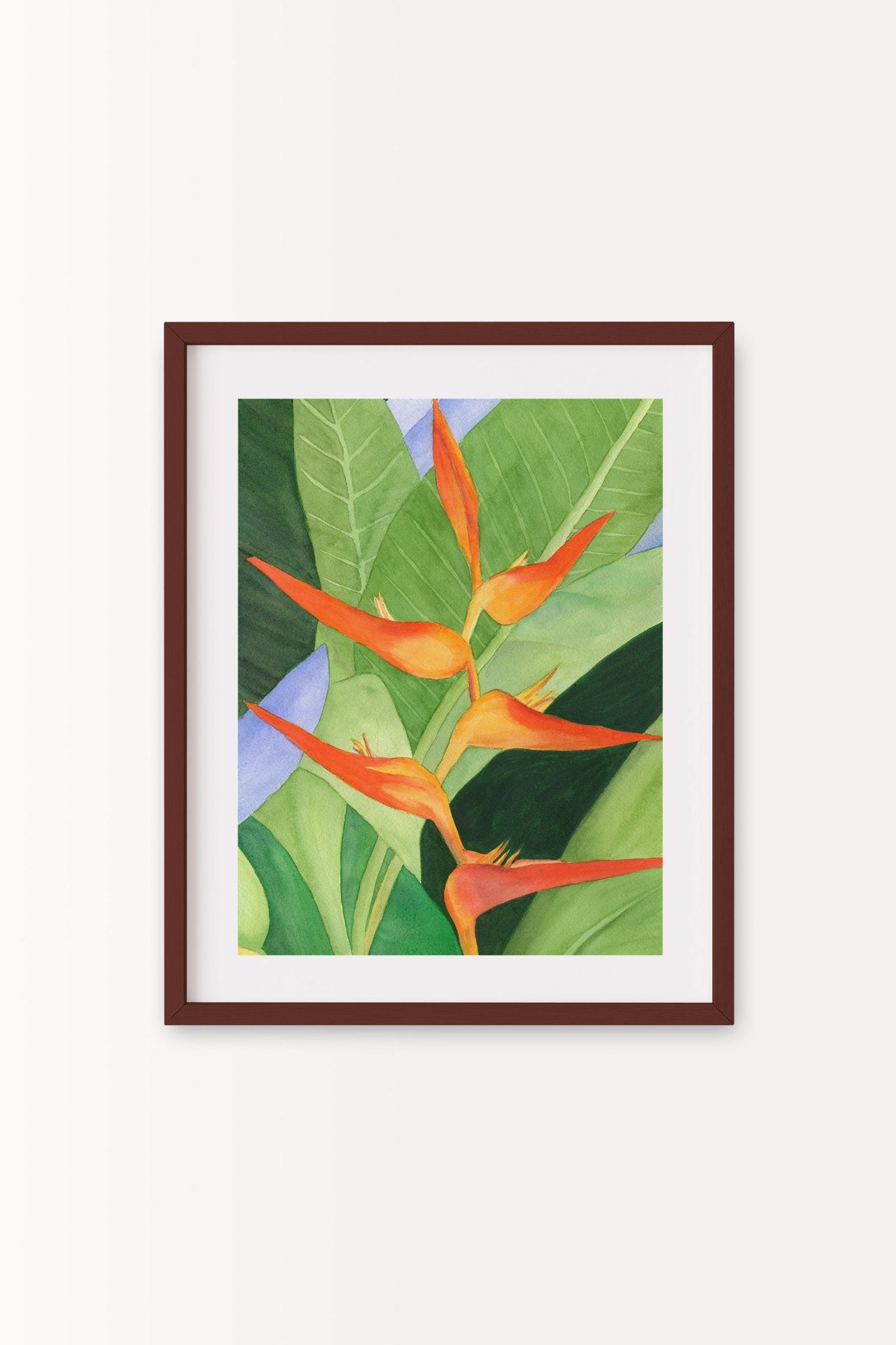 A vertical 18x14 original botanical watercolor titled The Heliconia by Ruth Wall, featuring vibrant orange tropical blooms with lush green architectural leaves in a dark mahogany frame on a white wall at Mitsooz.