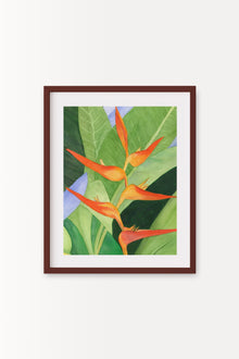 A vertical 18x14 original botanical watercolor titled The Heliconia by Ruth Wall, featuring vibrant orange tropical blooms with lush green architectural leaves in a dark mahogany frame on a white wall at Mitsooz.