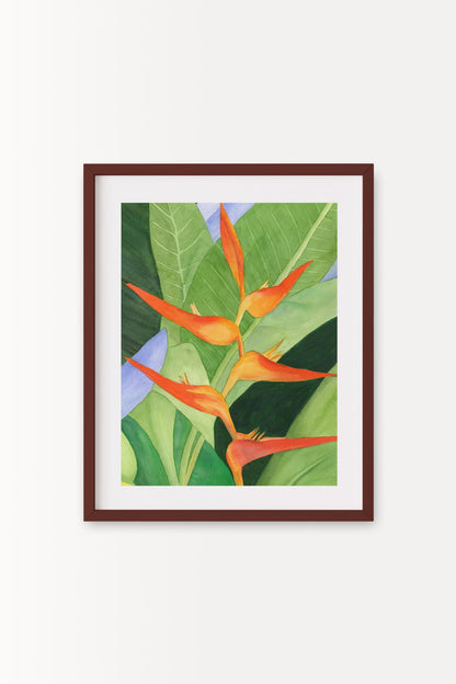 A vertical 18x14 original botanical watercolor titled The Heliconia by Ruth Wall, featuring vibrant orange tropical blooms with lush green architectural leaves in a dark mahogany frame on a white wall at Mitsooz.