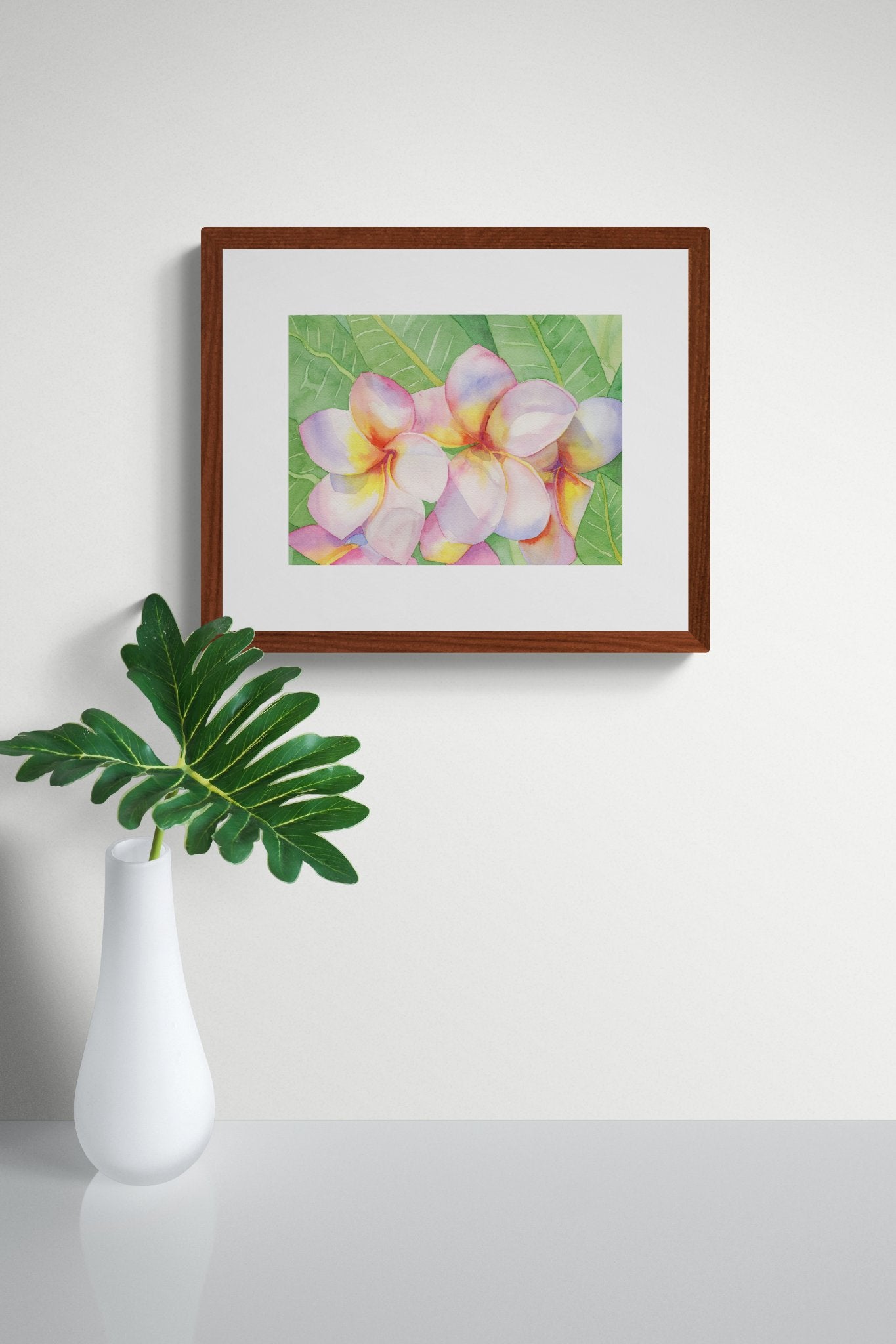 A horizontal 11x14 original botanical watercolor titled The Pink Plumeria Blooms by Ruth Wall in a mahogany frame. The artwork is hanging on a clean white wall in a minimalist interior above a modern white vase containing a single large green philodendron leaf on Mitsooz.