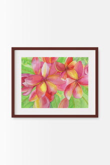 A horizontal 18x14 original botanical watercolor painting titled The Sunset Plumeria by Ruth Wall, featuring wonderfully vibrant deep pink and yellow blooms among lemony green leaves in a dark mahogany frame on Mitsooz.