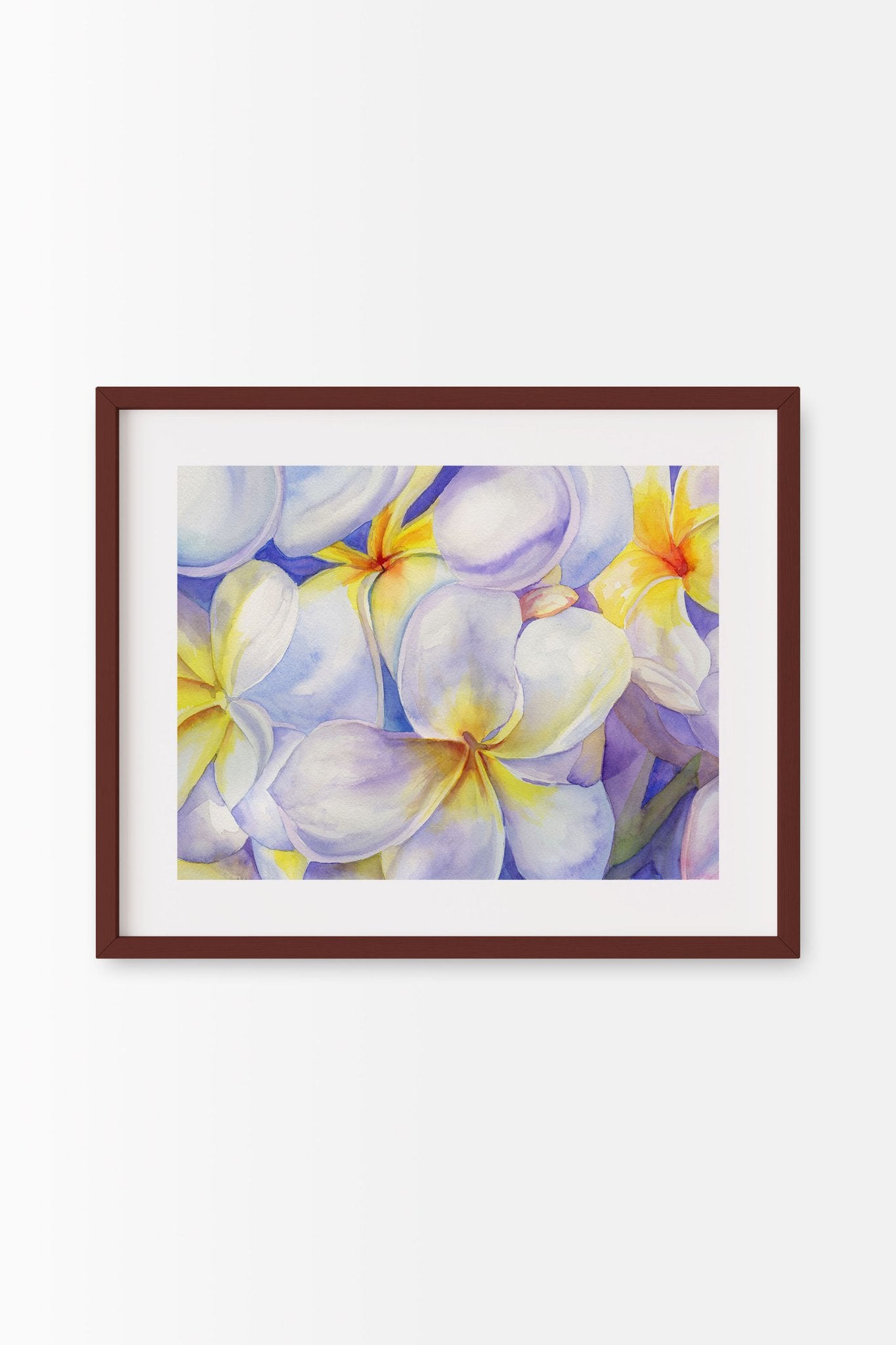 A horizontal 18x14 original botanical watercolor painting titled The White and Purple Plumeria by Ruth Wall, featuring white blooms with yellow centers and purple reflected shadows in a mahogany frame on Mitsooz.