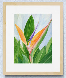 A vertical original botanical watercolor titled Words of Paradise by Ruth Wall featuring a vibrant Bird of Paradise bloom in a natural wood frame hanging on a light blue textured wall at Mitsooz.