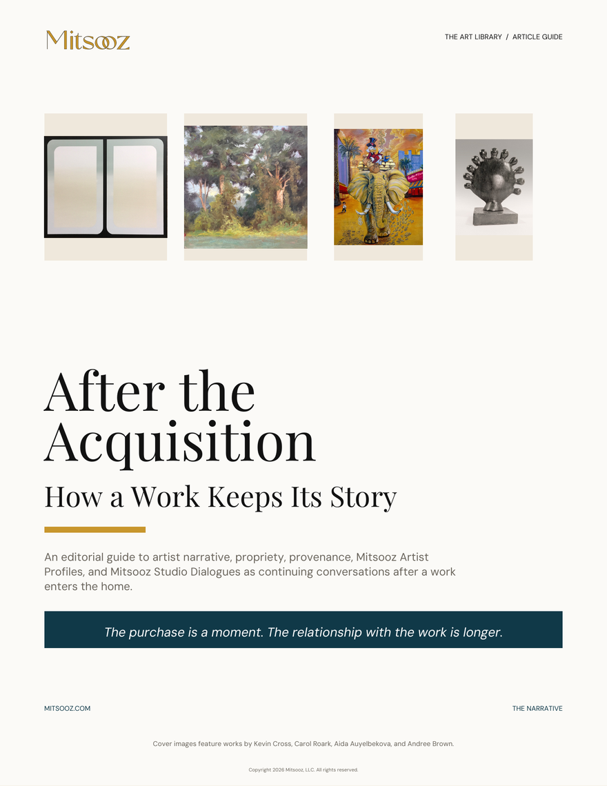 After The Acquisition. A collector guide to what happens after acquisition: artist narrative, provenance, care records, home context, Studio Dialogues, and living with intent.
