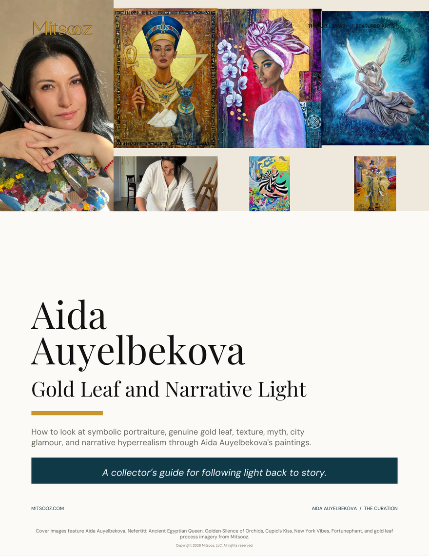 Aida Auyelbekova: Gold Leaf & Narrative Worlds. A featured artist guide to Aida Auyelbekova's gold leaf, symbolic portraiture, narrative hyperrealism, mythic references, and surface-rich paintings.