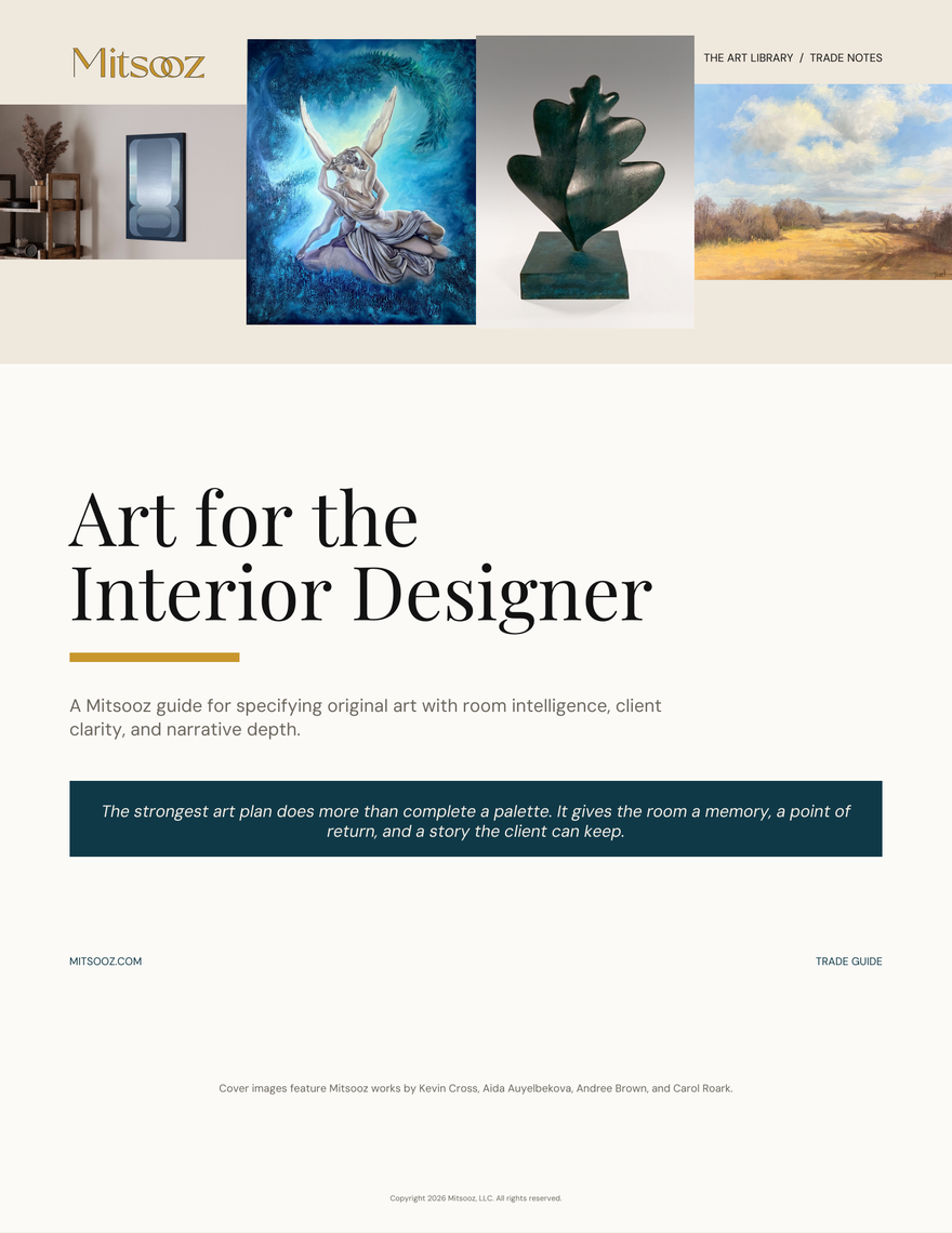 Art For Interior Designers. A trade guide for sourcing original artwork with room intelligence, client narrative, scale, provenance, presentation language, and thoughtful handoff.
