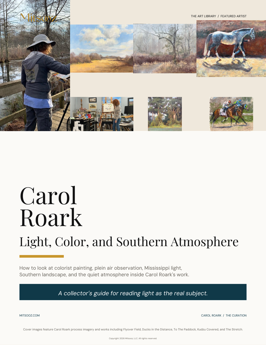 Carol Roark: Light, Color & Southern Atmosphere. A featured artist guide to Carol Roark's Southern landscape paintings, light, colorist training, plein air observation, equine history, and atmosphere.