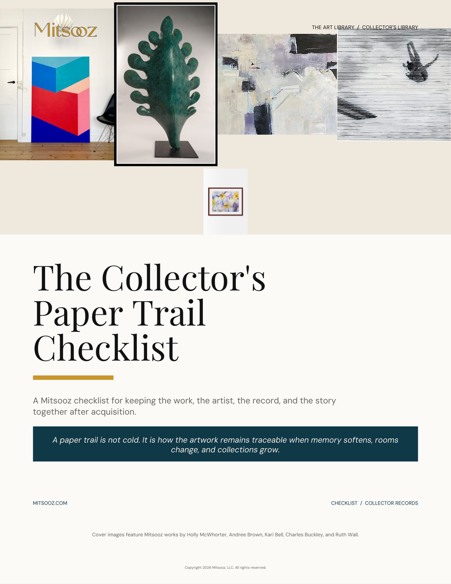 Collector's Paper Trail Checklist. A checklist for preserving receipts, COAs, artist narrative, listing details, condition notes, framing records, insurance updates, and acquisition history.
