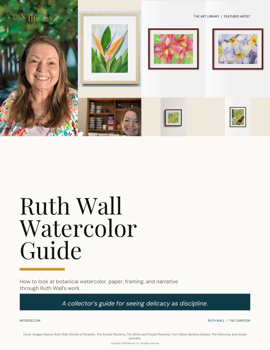 Ruth Wall: Watercolor & Botanical Looking. A featured artist guide to Ruth Wall's watercolor practice, botanical subjects, blending skill, negative space, paper, patience, and collector care.