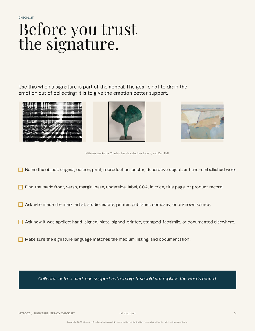 Signature Checklist. A concise checklist for inspecting a signature, saving documentation, noting edition language, and asking careful questions without flattening the work.